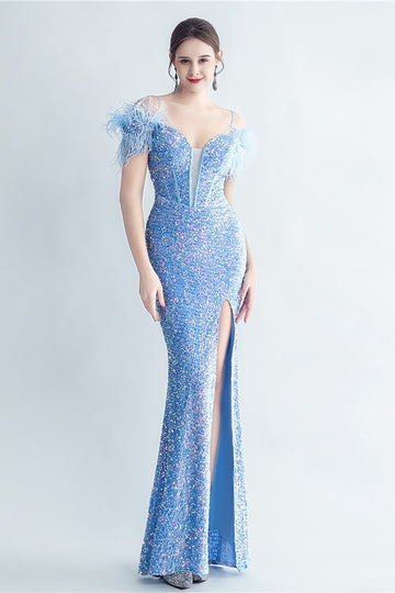 Cold Shoulder Sequins Blue Corset Prom Dress with Feathers